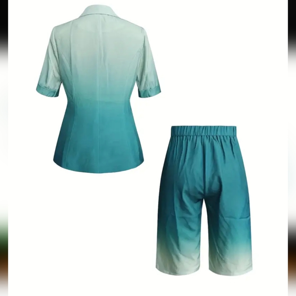 Elegant Gradient Color Block Blazer and Pants bet-Short Sleeve, Button-Up - Picture 4 of 4